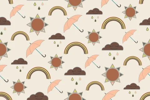 Vector repeat seamless pattern with clouds, rain, rainbow, sun and umbrellas. Illustrazione stock