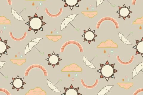 Vector repeat seamless pattern with clouds, rain, rainbow, sun and umbrellas. Illustrazione stock