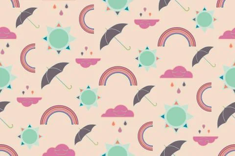Vector repeat seamless pattern with clouds, rain, rainbow, sun and umbrellas. Stock Illustration