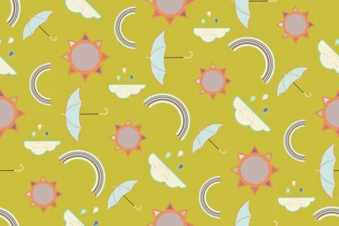 Vector repeat seamless pattern with clouds, rain, rainbow, sun and umbrellas. Illustrazione stock