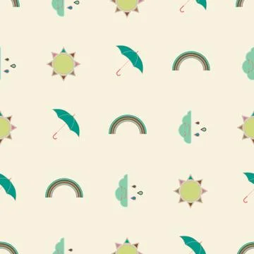 Vector repeat seamless pattern with clouds, rain, rainbow, sun and umbrellas. Illustrazione stock