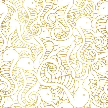 Vector repeat seamless pattern with gold foil seahorse. Stock Illustration