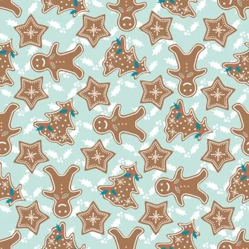 Vector repeat seamless pattern with hand drawn gingerbread cookies. Illustrazione stock