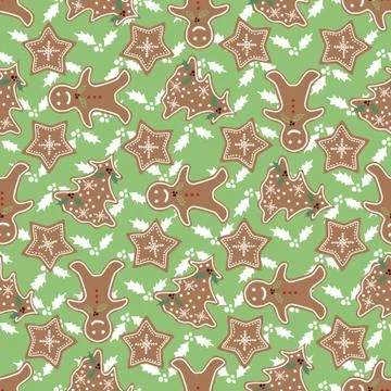 Vector repeat seamless pattern with hand drawn gingerbread cookies. Illustrazione stock