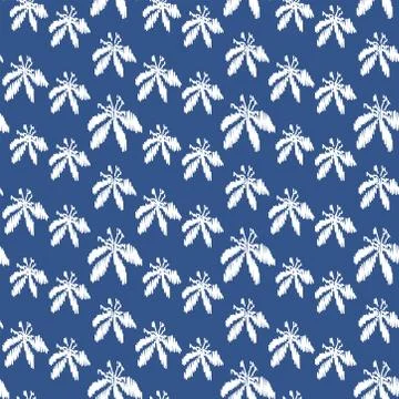 Vector repeat seamless pattern with ikat small flowers. Blue and white color. Stock Illustration