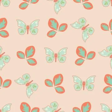 Vector repeat seamless pattern with leaves and butterflies. Stock Illustration