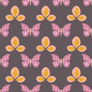 Vector repeat seamless pattern with leaves and butterflies. Stock Illustration