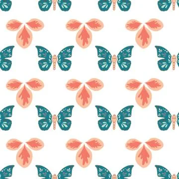 Vector repeat seamless pattern with leaves and butterflies. Stock Illustration