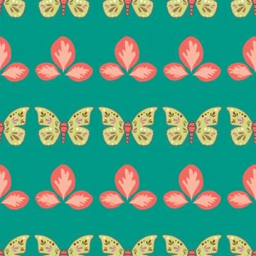 Vector repeat seamless pattern with leaves and butterflies. Illustrazione stock