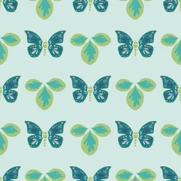 Vector repeat seamless pattern with leaves and butterflies. Stock Illustration
