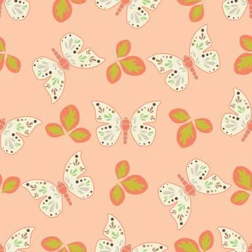 Vector repeat seamless pattern with leaves and butterflies. Stock Illustration