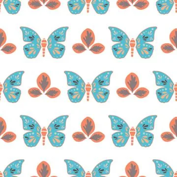 Vector repeat seamless pattern with leaves and butterflies. Stock Illustration