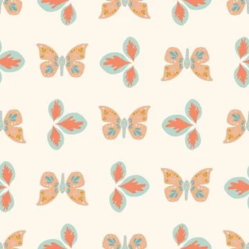 Vector repeat seamless pattern with leaves and butterflies. Stock Illustration