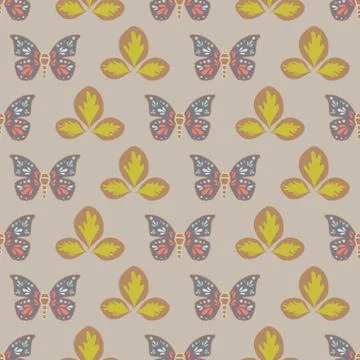 Vector repeat seamless pattern with leaves and butterflies. Stock Illustration