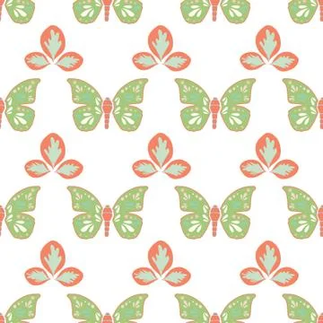 Vector repeat seamless pattern with leaves and butterflies. Illustrazione stock