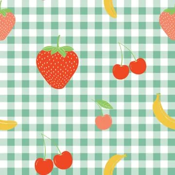 Vector repeat seamless pattern of multicolor strawberries, cherries, bananas on Stock Illustration