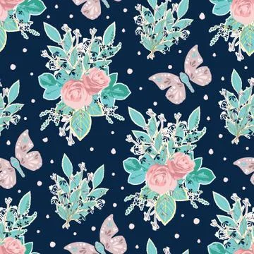 Vector repeat seamless pattern with pink and purple flowers and butterflies on Stock Illustration