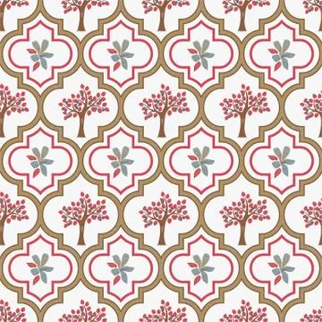 Vector repeat seamless pattern with tiles, geranium flowers and apple trees. Illustrazione stock