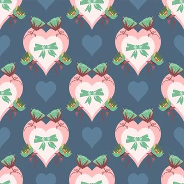 Vector Repeatable Hearts And Flowers Pattern In Navy, Green And Pink Stock Illustration