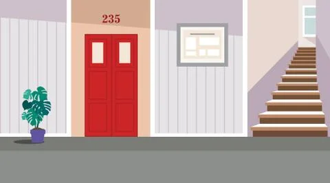 Vector residential corridor with window, door and stairs. Stock Illustration