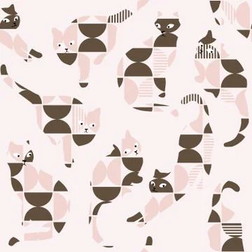 Vector Retro Abstract Geometric Cat Silhouette Seamless Pattern, Pink &amp; Brown. イラスト素材
