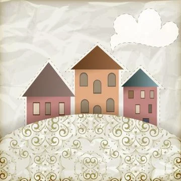 Vector retro background with old houses, place for your text Illustrazione stock