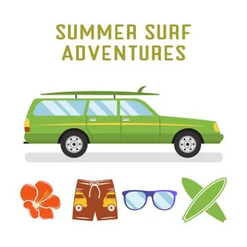 Vector retro flat surf car design and elements - surfboards, glasses, flower Stock Illustration