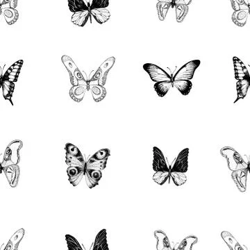 Vector retro hand drawn seamless vector pattern with beautiful butterflies on a Illustrazione stock