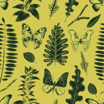 Vector retro hand drawn seamless vector botany pattern with butterflies. Vintage Stock-Illustration
