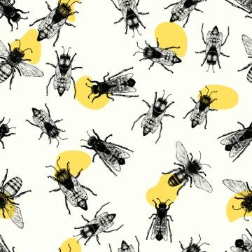 Vector retro hand drawn seamless vector pattern with crawling bees. Vintage s Stock Illustration