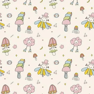 Vector retro hand drawn seamless pattern with groovy mushrooms, flowers, eyes Stock Illustration