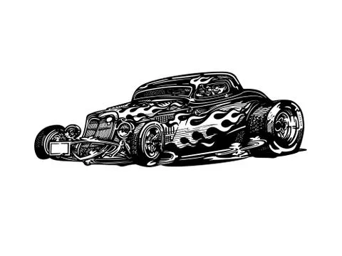 Vector - retro, hot-rod with big motor , isolated on background Stock Illustration