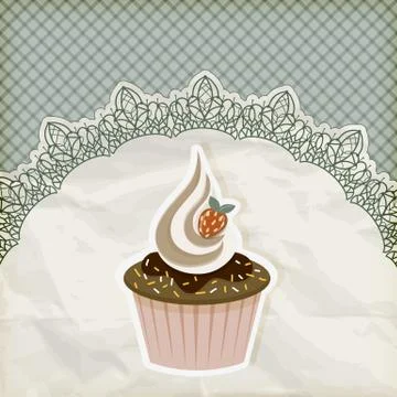 Vector retro  invitation template with cupcake on lacy napkin Stock Illustration