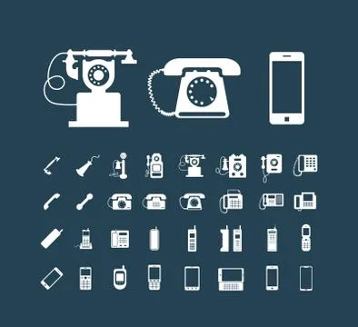 Vector retro phone icon set , vintage white icons on dark Stock Illustration