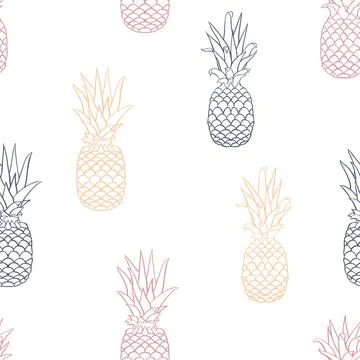 Vector Retro Pineapple Lineart on White seamless pattern background. Stock Illustration