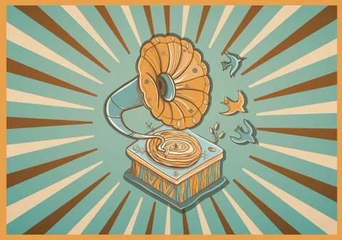 Vector retro postcard with gramophone Stock Illustration