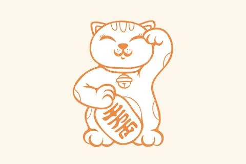 Vector retro poster with lucky cat. Neko on beige backround. Vector kawaii .. Иллюстрация
