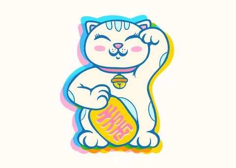 Vector retro poster with lucky cat in glitch style. Neko Maneki. Stock Illustration