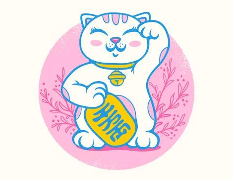 Vector retro poster with lucky cat. Neko on pink backround with plants. Vec.. 库存插图