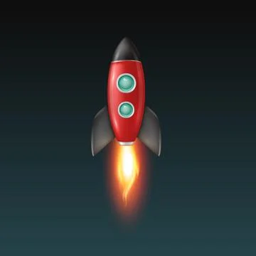 Vector Retro Red and Black Space Rocket Ship Launch on Dark Sky Background Stock Illustration