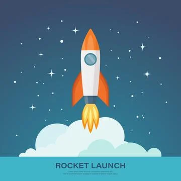 Vector Retro Red and White Space Rocket Ship Launch on Space Sky Background Illustrazione stock