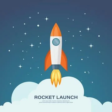 Vector Retro Red and White Space Rocket Ship Launch on Space Sky Background Stock Illustration