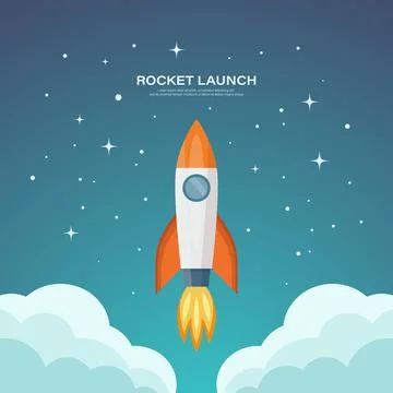 Vector Retro Red and White Space Rocket Ship Launch on Space Sky Background Stock Illustration