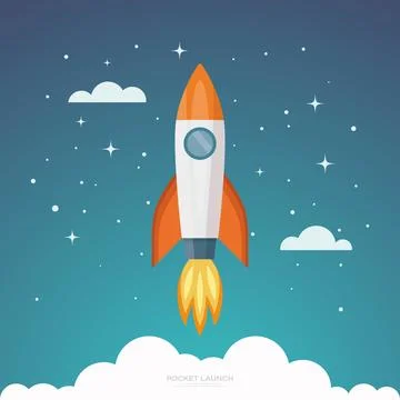 Vector Retro Red and White Space Rocket Ship Launch on Space Sky Background Stock Illustration