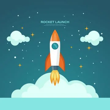 Vector Retro Red and White Space Rocket Ship Launch on Space Sky Background Stock Illustration