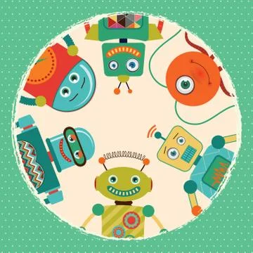Vector Retro Robots Card Illustration Stock Illustration