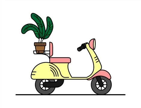 Vector retro scooter with a trunk, with a flower in the trunk; vintage stylis Stock Illustration