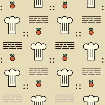 Vector retro seamless beige pattern with chef hat abstract lines and icons fruit Stock Illustration