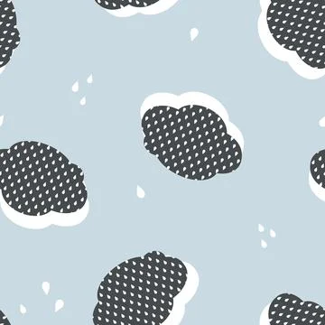 Vector Retro Sky with Clouds and Raindrops seamless pattern background. Perfect イラスト素材