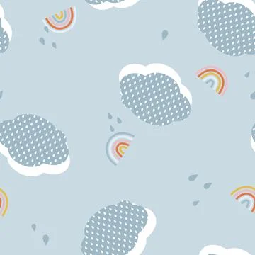 Vector Retro Sky with Clouds, Raindrops and Rainbows seamless pattern background 스톡 일러스트